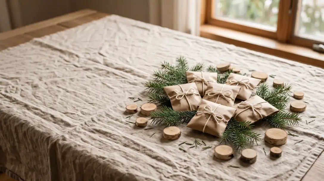 Kleine Säckchen aus Kraftpapier mit Bindfaden, dazwischen ein paar Holzscheiben und Tannenzweige auf hellem Leinen