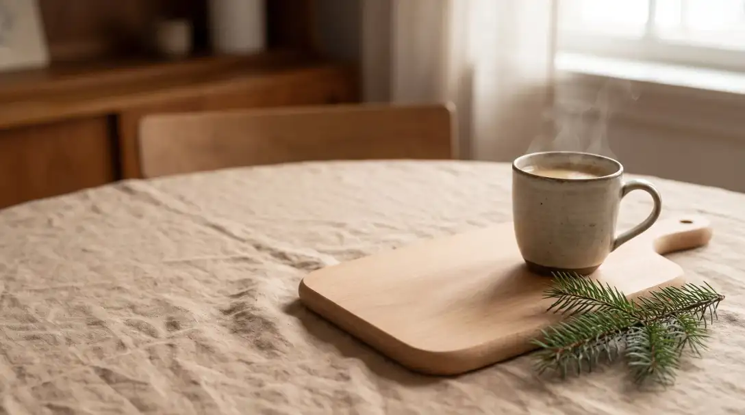 A wintry breakfast table on linen with a cup of coffee, a fir sprig and a simple light wooden board