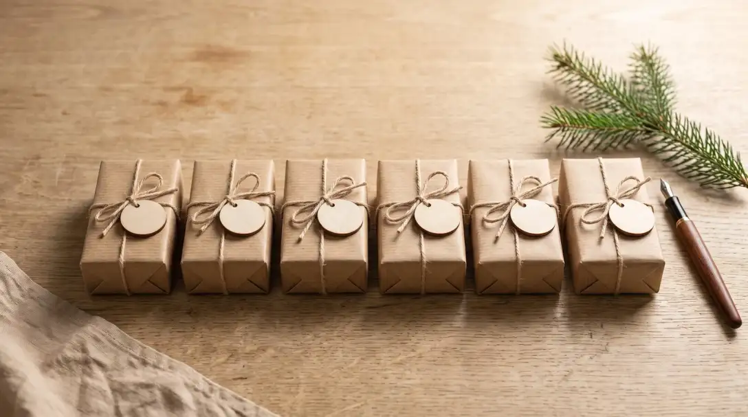 Several small gifts wrapped alike in kraft paper with blank wooden tags on a bright desk